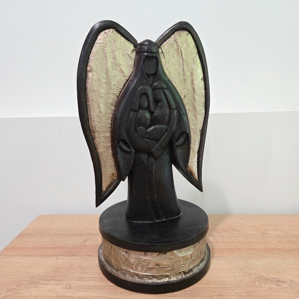 Vintage Nativity Angel Figurine Wood Hammered Metal 13" Black Silver Religious